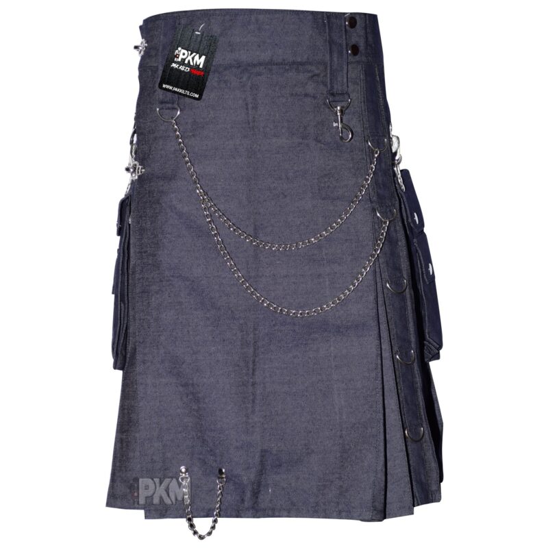 men blue denim utility kilts