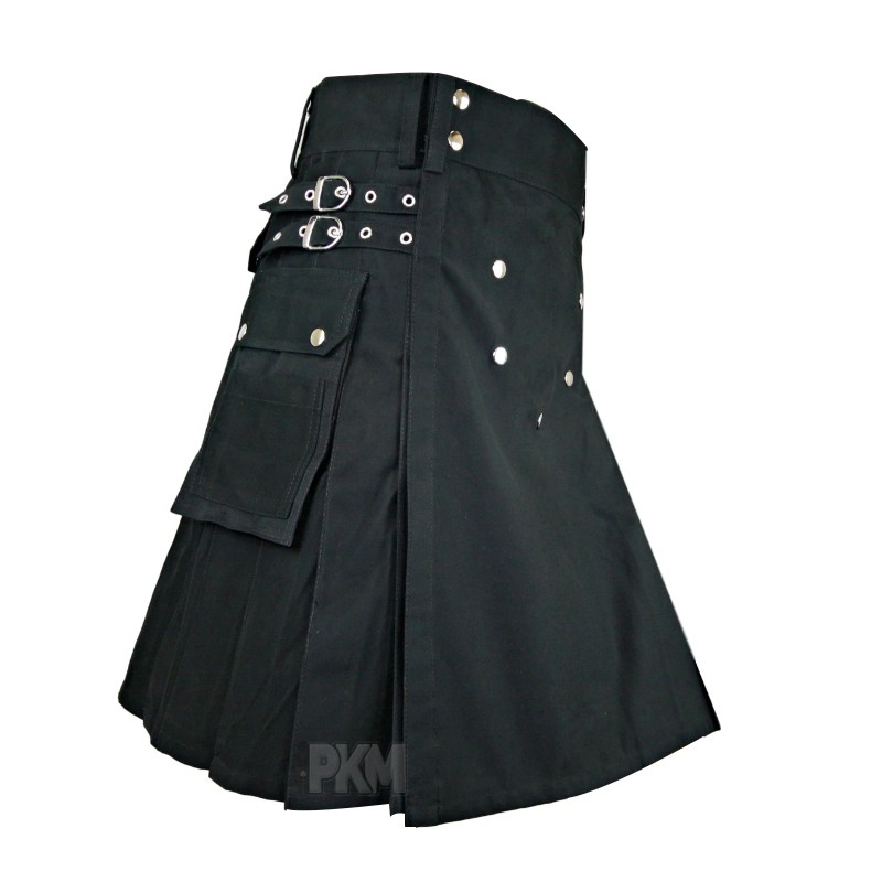 TOUGH BRAVE Men's Black Utility Kilt - 100% Cotton With Cargo Pockets, Sizes 34-48