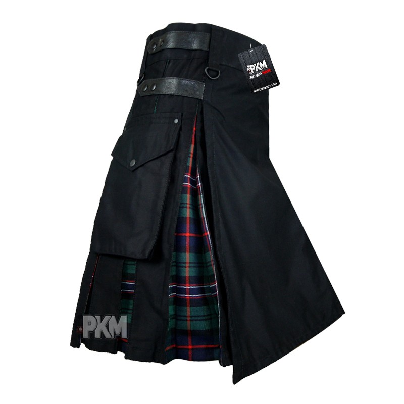 Men's Plus Size Scottish Hybrid Utility Kilt - Black Cotton & Tartan, Leather Straps, Cargo Pockets