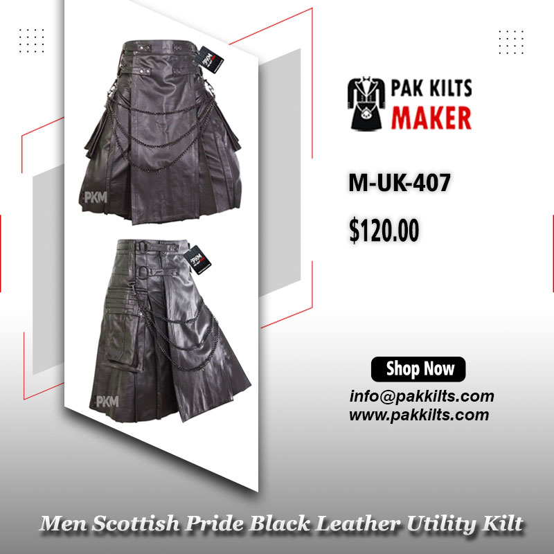 Men Scottish Pride Black Leather Utility Kilt - PAK KILTS MAKER