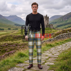 White & Green Tartan Slim Fit Pants for Men